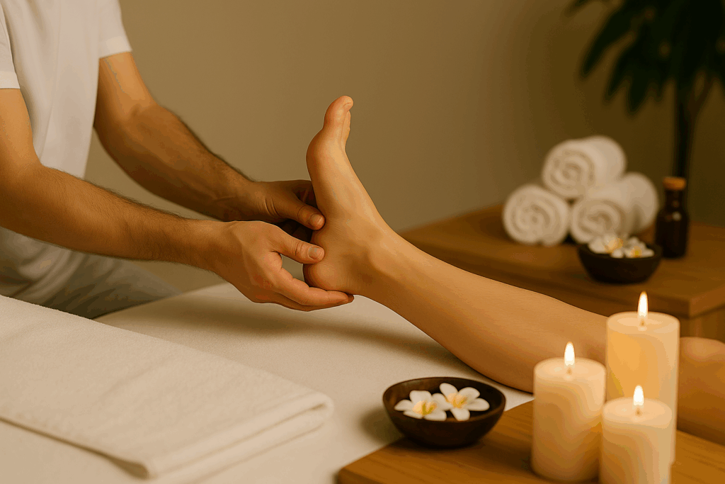 foot massage in relaxing spa setting
